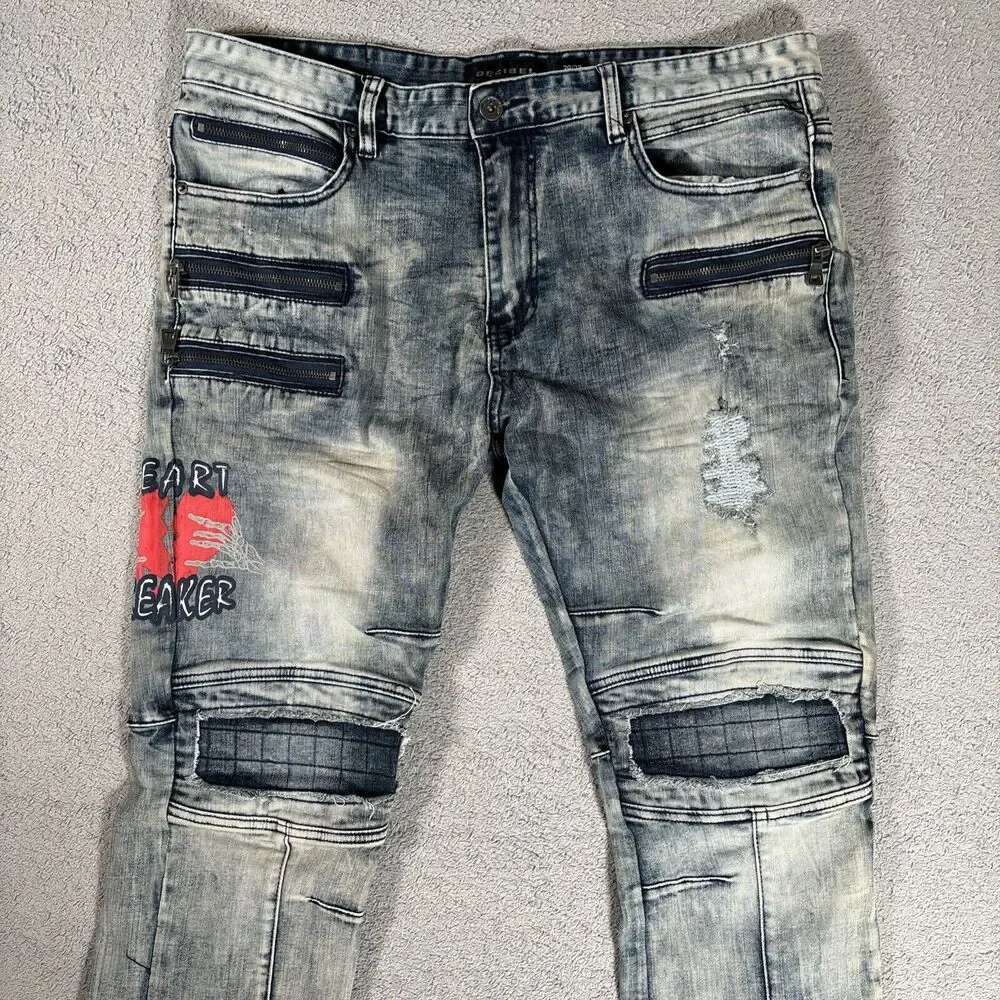 Decibel Jeans Mens 38x30 Denim Acid Wash Distressed Rip Paint Splatter Graffiti